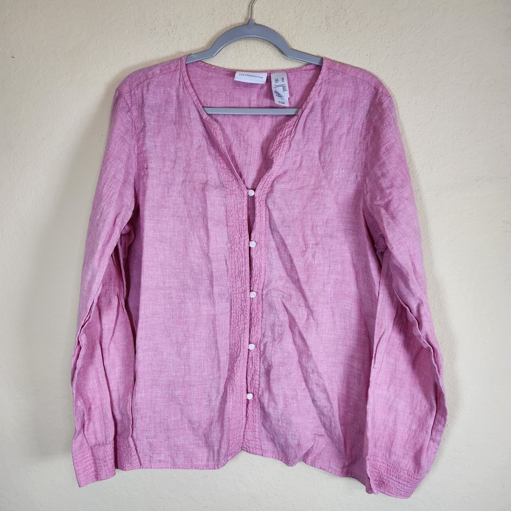 Liz Claiborne Pink Linen‎ Blend Button Front Long Sleeve Blouse Top Women XL